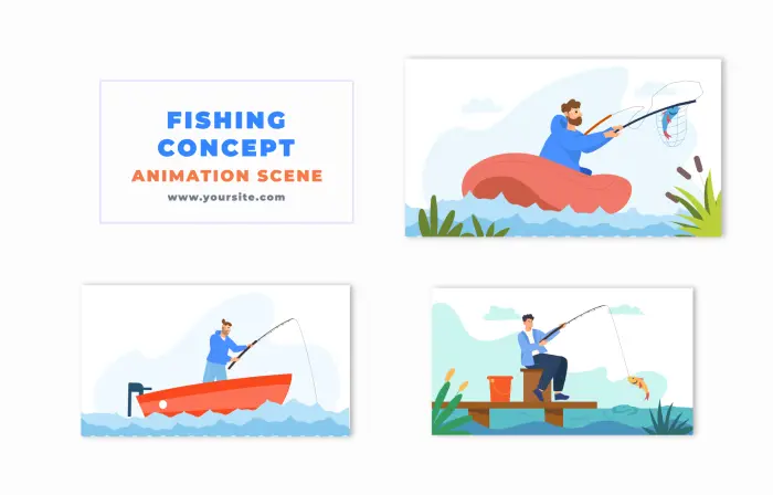 Flat 2D Character Fishing Concept Animation Scene